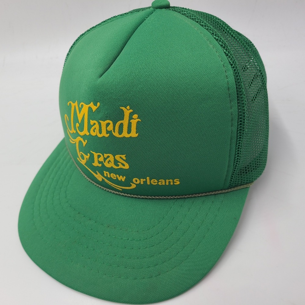 Vintage Mardi Gras Hat Snapback Trucker Mesh Green Yellow New Orleans 80s Men